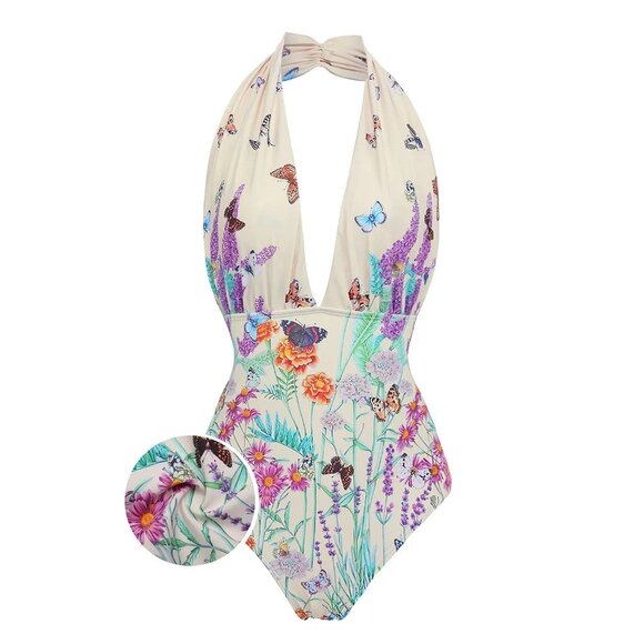 Retro Style Other - Retro Style Beige 1960s Butterfly Halter One-Piece Bikini Set